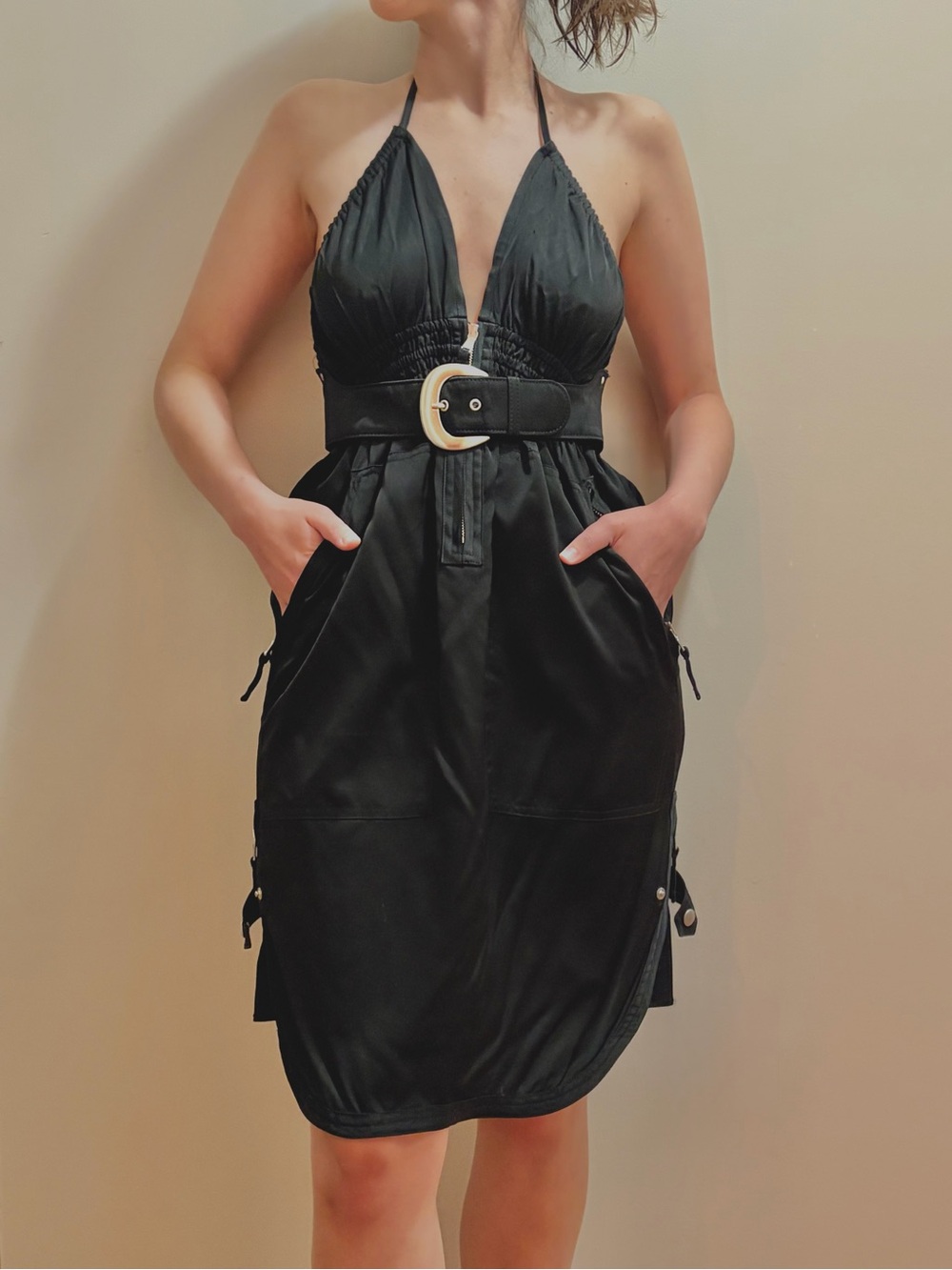 Jean Paul Gaultier Black Satin Belted Corset Halter Dress